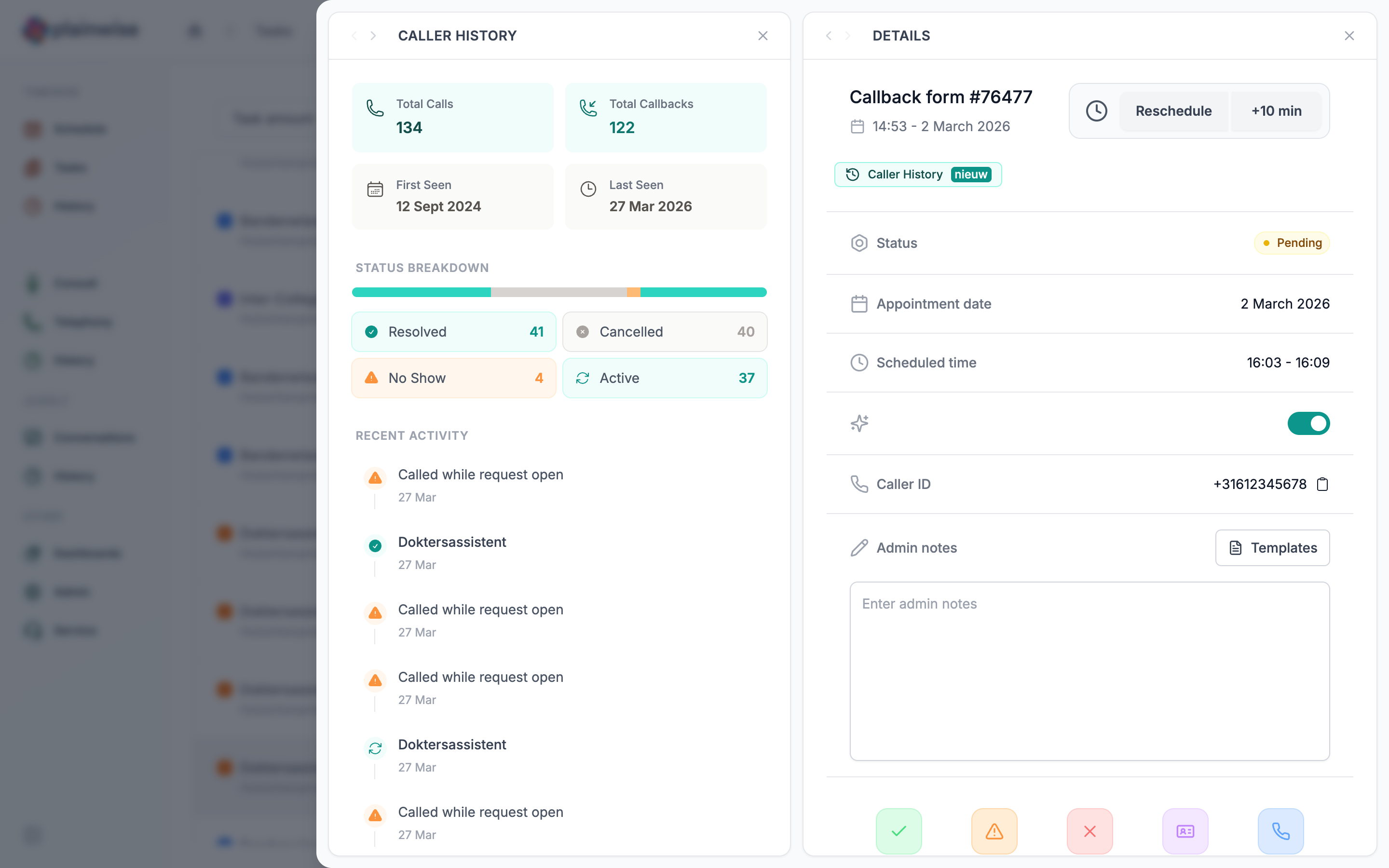 Caller history panel alongside a task