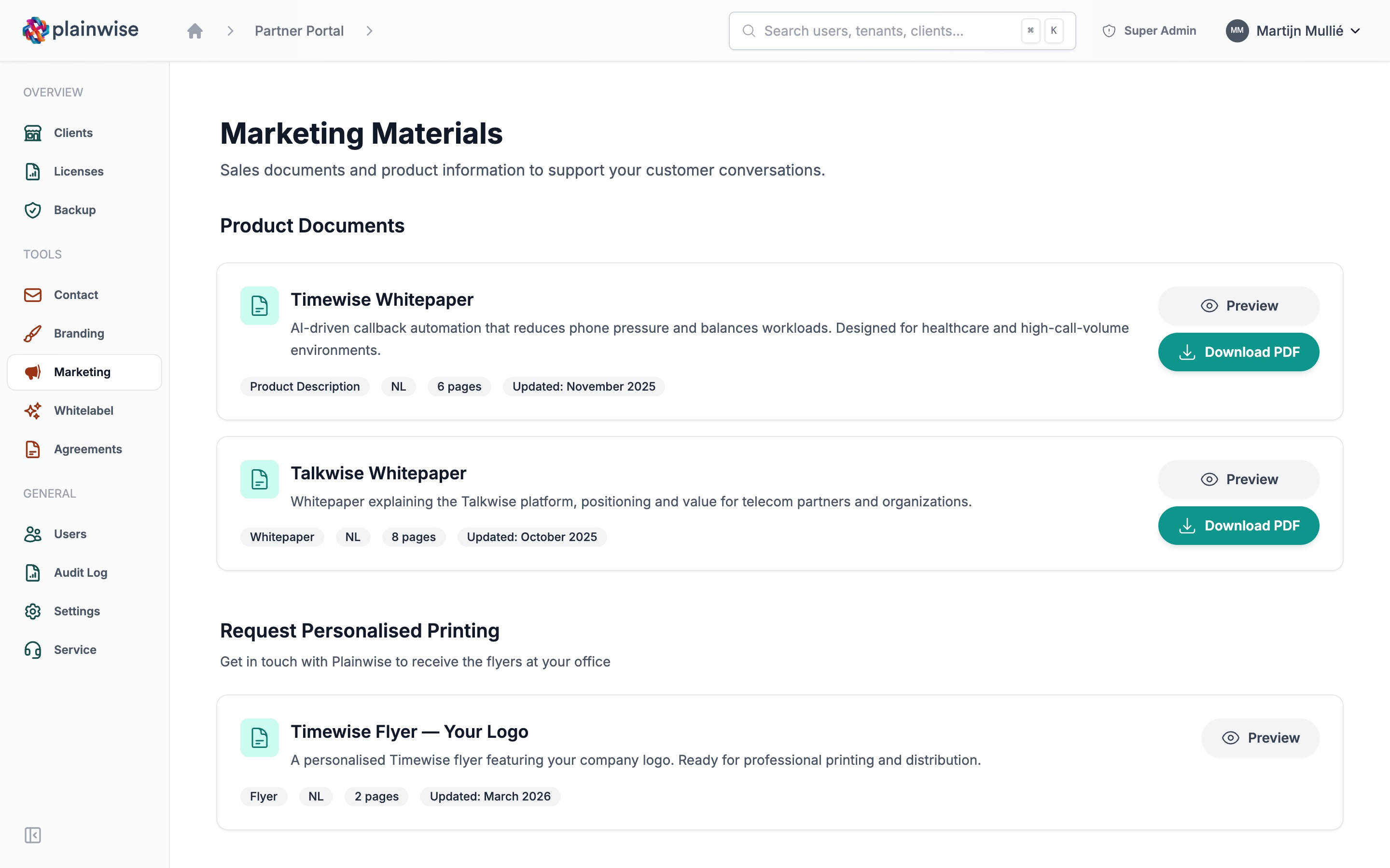 Marketingmateriaal met de Timewise- en Talkwise-whitepapers en een Timewise-flyer met jullie logo